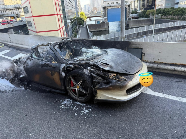 A Japanese music producer’s $300,000 Ferrari 458 Spider, a dream car he spent 10 years saving for, caught fire and burned to a crisp just an hour after he took delivery.
