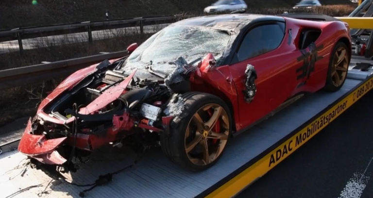 This German DJ drops the bass and the ball, wrecking a friend’s Ferrari SF90 that was up for sale for half a million dollars during a test drive on the Autobahn