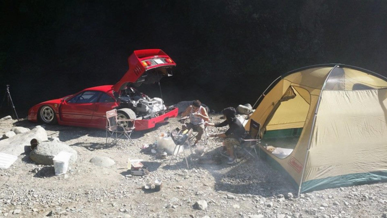 Not kept in an air‑conditioned garage or displayed as a showpiece in his mansion, this Japanese collector takes his $3 million Ferrari F40 everywhere, from riverside camping to snow‑drifting adventures